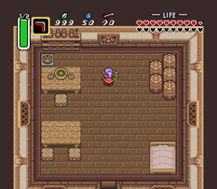 Link in a house with a Mario portrait in the original version (left) and the Game Boy Advance port (right).